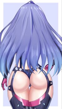 1girl ass ass_focus blue_hair cameltoe choujigen_game_neptune compile_heart from_behind garter_belt gloves highres idea_factory iris_heart_(neptunia) kami_jigen_game_neptune_v long_hair neptune_(series) solo standing stiris_rangetsu thighhighs thong very_long_hair