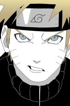 Rule 34 | 1boy, absurdres, black shirt, blonde hair, blue eyes, commentary, facial mark, forehead protector, highres, konohagakure symbol, male focus, naruto (series), naruto shippuuden, pnpk 1013, portrait, sanpaku, shirt, short hair, sneer, solo, teeth, turtleneck, uzumaki naruto, v-shaped eyebrows, whisker markings, white background
