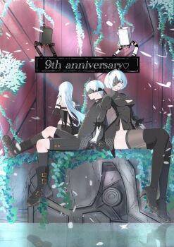 Rule 34 | 1boy, 2b (nier:automata), 2girls, 9s (nier:automata), a2 (nier:automata), android, anniversary, black boots, black choker, black dress, black gloves, black shorts, black thighhighs, blindfold, boots, choker, cleavage cutout, closed mouth, clothing cutout, commentary request, dress, falling petals, full body, gloves, heart, high heel boots, high heels, highres, juliet sleeves, long hair, long sleeves, mole, mole under mouth, multiple girls, nier:automata, nier (series), outdoors, petals, plant, pod (nier:automata), puffy sleeves, short hair, shorts, side slit, sitting, tea olive, thighhighs, thighhighs under boots, water, white hair