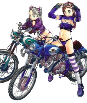 1990s_(style) 1996 2girls blonde_hair boots green_eyes jacket mihoto_kouji motor_vehicle motorcycle multiple_girls original panties petite pink_hair retro_artstyle thighhighs traditional_media twintails underwear