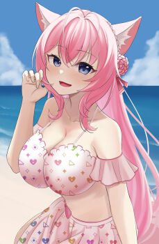 1girl absurdres animal_ear_fluff animal_ears antenna_hair armpit_crease bare_shoulders beach bikini blue_eyes blue_sky blush braid breasts cleavage cloud collarbone commentary_request cowboy_shot day flower hair_between_eyes hair_flower hair_ornament hakui_koyori heart heart_print highres hololive hololive_summer_2022_swimsuit large_breasts long_hair looking_at_viewer ocean open_mouth outdoors pink_bikini pink_hair print_bikini ramkilog sky smile solo swimsuit virtual_youtuber wolf_ears wolf_girl