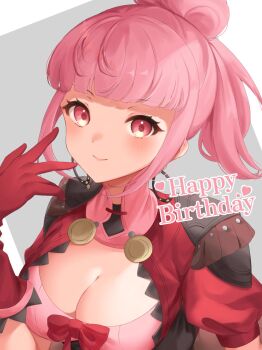 1girl blush bow breasts cleavage closed_mouth commentary_request dress ell_0314 fire_emblem fire_emblem:_three_houses fire_emblem_warriors:_three_hopes gloves happy_birthday heart highres hilda_valentine_goneril jacket large_breasts long_hair looking_at_viewer nintendo official_alternate_costume official_alternate_hairstyle pink_dress pink_eyes pink_hair ponytail red_bow red_gloves red_jacket short_sleeves smile solo upper_body