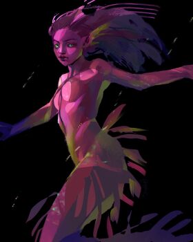 1girl absurdres black_background colored_extremities colored_skin expressionless full_body highres long_hair looking_at_viewer mermaid monster_girl nude original outstretched_arms painterly pink_hair pink_skin pink_theme pointy_ears simple_background solo spikes toned toned_female twulfs