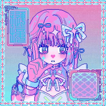 1girl animated animated_gif apangbai_(anarrator) bare_shoulders bead_choker beads blue_background blue_border blue_choker blue_eyes blue_gloves blue_ribbon blush border bracelet chain choker clothing_cutout collared_shirt commentary eyelashes gloves gradient_background gradient_eyes hair_ribbon highres jewelry long_hair looping_animation marking_on_cheek multicolored_eyes neck_ribbon original parted_lips pastel_colors pink_background pink_eyes pink_gloves pink_hair pink_shirt pixel_art puffy_short_sleeves puffy_sleeves ribbon shirt short_sleeves shoulder_cutout solo sparkle_hair_ornament static straight_hair symbol-only_commentary television upper_body white_ribbon