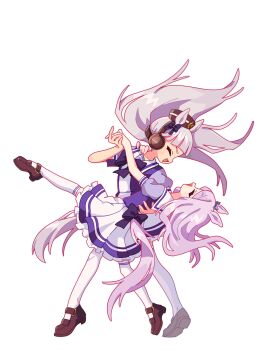 2girls absurdres animal_ears arm_around_waist blunt_bangs blush bow bowtie breasts brown_hat closed_eyes dancing ear_bow gold_ship_(umamusume) grey_hair hat highres holding_hands horse_ears horse_girl horse_tail kitnoko leg_up long_hair mejiro_mcqueen_(umamusume) multiple_girls open_mouth pillbox_hat pleated_skirt puffy_short_sleeves puffy_sleeves purple_bow purple_bowtie purple_hair purple_shirt sailor_collar sailor_shirt school_uniform shirt shoes short_sleeves simple_background skirt smile tail thighhighs tracen_school_uniform umamusume white_background white_sailor_collar white_skirt white_thighhighs yuri