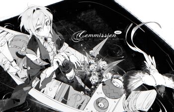 1boy absurdres bag bird boat boots bug butterfly cape closed_mouth commission flower hai_yexing_ren hair_between_eyes hair_intakes highres holding_lamp insect lamp long_sleeves looking_at_viewer male_focus mihuashi_commission monochrome oil_lamp original rope scroll short_hair sidelocks sitting solo watercraft watermark