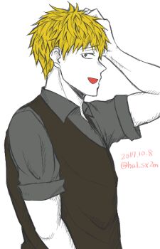 Rule 34 | 1boy, arm up, bags under eyes, black vest, blonde hair, casual, collared shirt, colored skin, dated, expressionless, formal clothes, from side, grey eyes, grey shirt, grin, half-closed eyes, hand in own hair, hand on own face, hand on own head, hand up, highres, jitome, kimi ga shine, long sleeves, looking at viewer, looking to the side, male focus, muscular, muscular male, open mouth, pale-skinned, pale-skinned-male, pale skin, parted lips, photoshop (medium), sanpaku, shinogi keiji, shirt, short hair, short sleeves, sideways glance, sideways mouth, simple background, sleeves pushed up, sleeves rolled up, smile, smirk, solo, spiked hair, suit, toned, toned male, tongue, tongue out, twitter username, upper body, vest, waistcoat, white background, white skin, wing collar