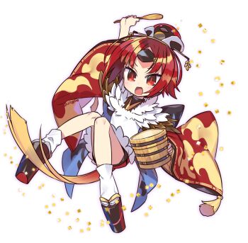 1girl apron beni-enma beni-enma_(first_ascension) bird_hat blush breasts brown_hat fate/grand_order fate_(series) feather_trim hat japanese_clothes kimono long_hair long_sleeves looking_at_viewer low_ponytail negi_(ulog'be) open_mouth parted_bangs platform_clogs ponytail red_eyes red_hair red_kimono shamoji small_breasts smile solo variant_set very_long_hair white_apron white_background wide_sleeves