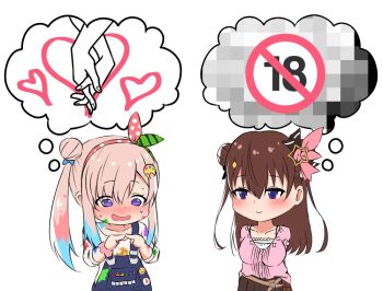 2girls airani_iofifteen airani_iofifteen_(1st_costume) blue_hair blush brown_hair chibi commentary_request diamond_hair_ornament hair_ornament hololive hololive_indonesia korean_commentary long_hair moezi multicolored_hair multiple_girls official_alternate_costume open_mouth pink_hair pink_shirt purple_eyes shirt smile star_(symbol) star_hair_ornament tokino_sora tokino_sora_(casual) two-tone_hair virtual_youtuber