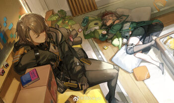 2girls artist_name bag_of_chips black_gloves black_jacket black_pants black_shorts black_socks bokyo book brown_hair chinese_commentary closed_eyes closed_mouth commentary_request dinergate_(girls&#039;_frontline) fern floppy_disk g11_(girls&#039;_frontline) girls&#039;_frontline girls&#039;_frontline_2:_exilium gloves green_jacket grey_hair handheld_game_console highres hood hooded_jacket hugging_object indoors jacket knee_pads knife mechty_(girls&#039;_frontline_2) mr._pizza_(girls&#039;_frontline_2) multiple_girls no_shoes on_floor open_clothes open_jacket pants parted_lips pillow plant potted_plant short_hair short_shorts shorts single_knee_pad sitting sleeping sleeping_upright socks stuffed_animal stuffed_toy teddy_bear two-tone_gloves vector_(girls&#039;_frontline) vector_(girls&#039;_frontline_2) watermark weibo_username weibo_watermark yellow_gloves