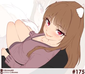 1girl animal_ears blush breasts brown_hair cleavage commentary english_commentary fang from_above highres holo likunea long_hair looking_at_viewer medium_breasts patreon_logo patreon_username simple_background sitting solo spice_and_wolf tail twitter_username twitter_x_logo white_background wolf_ears wolf_girl wolf_tail zoom_layer