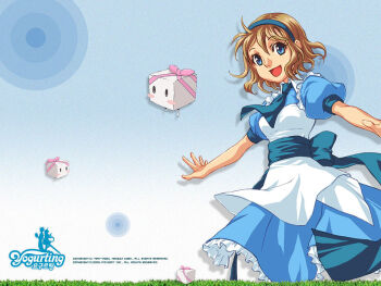 Rule 34 | 1997, 1girl, 2004, anime coloring, apron, aqua background, aqua dress, aqua eyes, aqua sleeves, artist request, back bow, black eyes, black outline, blonde hair, blue bow, blue hairband, blue necktie, blush stickers, bow, breasts, collared dress, company name, contrast collar, copyright name, copyright notice, cube, dated, dorothy (yogurting), dress, fingerless gloves, gloves, grass, hairband, jpeg artifacts, korean text, logo, looking at viewer, medium breasts, medium hair, narrow waist, necktie, nose, official art, official wallpaper, open mouth, outline, outstretched arms, pantyhose, pink bow, puffy short sleeves, puffy sleeves, short dress, short necktie, short sleeves, skinny, solo focus, spread arms, third-party source, tongue, two-tone background, wavy hair, white apron, white background, white pantyhose, wing collar, yogurting