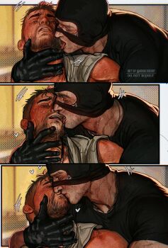 2boys bara black_gloves black_hair black_shirt blush call_of_duty call_of_duty:_modern_warfare_2 closed_eyes couple facial_hair ghost_(modern_warfare_2) gloves grey_tank_top highres jewelry kiss licking licking_another&#039;s_neck male_focus mask mask_lift multiple_boys muscular muscular_male necklace shirt short_hair soap_(modern_warfare_2) tank_top tongue tongue_out umikochannart yaoi