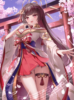 Rule 34 | 1girl, breasts, bright pupils, brown hair, cherry blossoms, commentary request, commission, cowboy shot, floating headgear, frilled kimono, frills, hair ornament, hakama, hakama short skirt, hakama skirt, hand up, headgear, headphones, headphones around neck, highres, japanese clothes, kimono, large breasts, long hair, long sleeves, looking at viewer, mole, mole under eye, musical note, musical staff, nontraditional miko, open mouth, original, outdoors, red eyes, red hakama, signature, skeb commission, skirt, solasuna, solo, thigh strap, torii, very long hair, white kimono, white pupils, wide sleeves