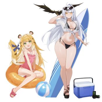 2girls absurdres animal_ears ball beachball bikini bird black_bikini blonde_hair breasts commentary cooler crow energy_drink eyewear_on_head fang green_eyes highres jaguar_ears jaguar_tail ju_fufu large_breasts long_hair monster_energy multiple_girls navel one-piece_swimsuit pink_one-piece_swimsuit platform_sandals ribbon sandals see-through_clothes see-through_shirt shirt small_breasts solo stomach sunglasses swimsuit tail tail_ornament tail_ribbon thighs tied_shirt toes weimiaw white_background white_hair white_shirt yellow_background yixuan_(zenless_zone_zero) zenless_zone_zero