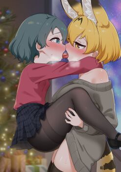 2girls absurdres animal_ears black_hair blonde_hair blue_eyes blush breasts carrying carrying_person chis_(js60216) christmas_tree commentary_request eye_contact french_kiss hanging_legs highres kaban_(kemono_friends) kemono_friends kiss large_breasts leg_grab lifting_person looking_at_another multiple_girls nebula off_shoulder open_mouth outdoors pantyhose pleated_skirt red_sweater saliva serval_(kemono_friends) short_hair skirt small_breasts suspended_congress sweat sweater thighband_pantyhose thighhighs tongue tongue_out yuri