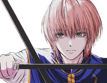 Rule 34 | 1boy, bishounen, blue tabard, brown hair, closed mouth, commentary request, earrings, green eyes, highres, holding, holding sword, holding weapon, hunter x hunter, jewelry, korean commentary, kurapika, male focus, portrait, rip1208, shirt, single earring, sword, tabard, weapon, white shirt, wooden sword