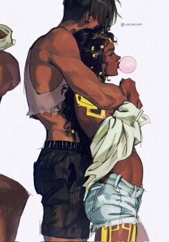 2girls alternate_costume arcane:_league_of_legends artist_name black_shorts blowing_bubbles brown_eyes brown_hair commentary couple crop_top dark-skinned_female dark_skin dreadlocks ear_piercing english_commentary faceless faceless_female from_side glitter glitter_makeup gold_tattoo hair_up height_difference highres hug hug_from_behind league_of_legends leaning_back leaning_on_person mel_(league_of_legends) multiple_girls muscular muscular_female piercing sevika_(arcane) shade shirt short_hair short_shorts shorts stomach_tattoo tattoo torn_clothes torn_shirt twitter_username undressing upper_body very_dark_skin wickesdt yuri