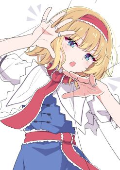 1girl alice_margatroid blonde_hair blue_dress blue_eyes capelet dress hairband haruki_reimari looking_at_viewer open_mouth puppet_strings red_hairband short_hair solo touhou white_background white_capelet