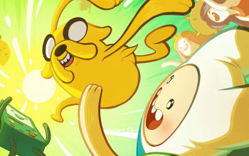 1other 2boys 2girls :d adventure_time ass beemo black_hair bright_pupils finn_the_human hata4564 highres hood hood_up jake_the_dog long_hair looking_at_another marceline_abadeer multiple_boys multiple_girls open_mouth outdoors pink_hair princess_bonnibel_bubblegum running smile sun tail teemo teeth upper_teeth_only white_pupils