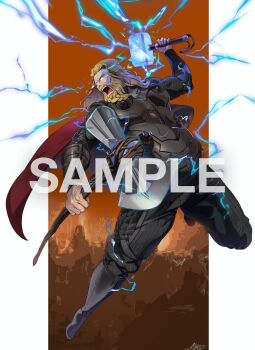 1boy animification avengers:_endgame avengers_(series) beard belly blonde_hair blue_eyes braid braided_beard cape commission dual_wielding electricity facial_hair glowing glowing_eyes hammer holding holding_hammer long_hair male_focus marvel marvel mjolnir_(marvel) ookuma_nekosuke open_mouth sample_watermark skeb_commission solo thor_(marvel) watermark