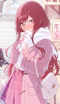 Rule 34 | 1girl, absurdres, bag, belt, blush, coat, commentary request, embarrassed, enpera, handbag, highres, holding, holding omikuji, holding paper, idolmaster, idolmaster shiny colors, kirizuki reika, long hair, long sleeves, looking at viewer, new year, omikuji, open clothes, open coat, osaki amana, outdoors, paper, pink coat, pink skirt, plaid clothes, plaid skirt, pleated skirt, red hair, scarf, skirt, snow, solo, standing, swept bangs, white bag, white scarf, yellow eyes
