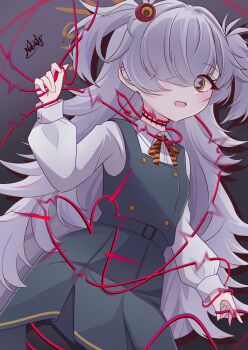 1girl absurdres blue_archive brown_halo brown_ribbon commentary_request diagonal-striped_ribbon dilated_pupils dress gradient_background hair_over_one_eye halo heart heart-shaped_pupils heart_of_string highres kanoe_(blue_archive) long_hair messy_hair orange_eyes pinafore_dress ribbon scar scar_on_neck simple_background sleeveless sleeveless_dress smile solo string string_around_finger string_around_leg string_around_neck string_of_fate symbol-shaped_pupils tanabata_natsuki tilted_halo very_long_hair white_hair