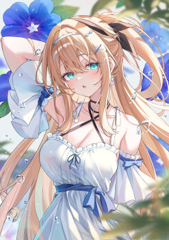 1girl absurdres aqua_eyes arm_behind_head arm_up armband bare_shoulders blonde_hair blue_flower blue_ribbon blurry blush breasts cleavage collarbone commentary criss-cross_halter depth_of_field dress flower frilled_armband frills hair_between_eyes hair_intakes hair_ornament halterneck headband highres large_breasts long_hair looking_at_viewer open_mouth original plant ribbon sidelocks solo sora01o standing strap symbol-only_commentary very_long_hair water water_drop white_dress white_headband x_hair_ornament