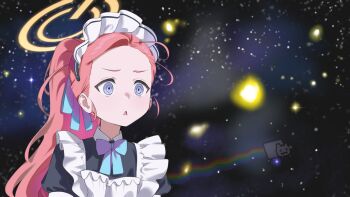 1girl absurdres apron blue_archive blue_bow blue_eyes blue_ribbon bow commentary confused dress forehead frilled_dress frills hair_ribbon halo highres maid maid_apron maid_headdress mechanical_halo meme mitsutsuka nyan_cat orange_hair ponytail puffy_short_sleeves puffy_sleeves rainbow_trail ribbon short_sleeves solo space space_cat_(meme) triangle_mouth upper_body v-shaped_eyebrows yellow_halo yuzu_(blue_archive) yuzu_(maid)_(blue_archive)