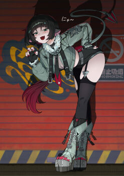 Rule 34 | 1girl, absurdres, animal ears, black gloves, black hair, black shorts, blunt bangs, breasts, claw pose, earrings, fang, fingerless gloves, fur-trimmed jacket, fur trim, garter straps, gloves, green eyes, green jacket, hand on own hip, high-waist shorts, highres, jacket, jane doe (zenless zone zero), jewelry, leaning forward, long hair, long tail, looking at viewer, midfinger, mouse ears, mouse girl, mouse tail, multicolored hair, necktie, pantyhose, red hair, red nails, sharp tail, shorts, single garter strap, single leg pantyhose, single thighhigh, skin fang, smile, solo, standing, tail, thighhighs, torn clothes, torn pantyhose, torn thighhighs, two-tone necktie, zenless zone zero