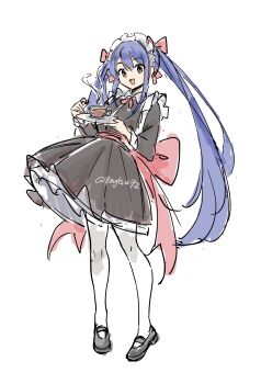 1girl absurdres apron black_dress black_shoes blue_hair bow brown_eyes commentary cup dress english_commentary fairy_tail hair_between_eyes highres holding holding_tray long_hair long_sidelocks maid_apron maid_headdress red_bow reytsu shoes sidelocks socks teacup tray twintails twitter_username very_long_hair wendy_marvell white_socks