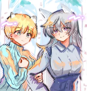 2girls absurdres animal_ears artist_request aurora_e._juutilainen blonde_hair blue_sweater brave_witches fox_ears fox_girl highres long_hair looking_at_viewer military military_uniform multiple_girls nikka_edvardine_katajainen short_hair smile standing strike_witches:_aurora_no_majo sweater turtleneck weasel_ears weasel_girl white_hair world_witches_series