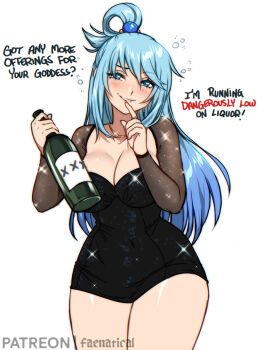 1girl aqua_(konosuba) aqua_eyes aqua_hair black_dress blush bottle breasts cleavage detached_sleeves dress drunk eyebrows_hidden_by_hair faenatical finger_to_mouth holding holding_bottle jewelry kono_subarashii_sekai_ni_shukufuku_wo! large_breasts long_hair looking_at_viewer necklace open_mouth simple_background smile solo sparkle squeans strapless strapless_dress white_background wine_bottle