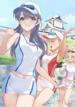 3girls ;d ^_^ absurdres armpits arms_up bare_shoulders baseball_cap black-framed_eyewear blonde_hair blue-tinted_eyewear blue_eyes blue_hair blue_shirt blue_shorts breasts cleavage clenched_hand closed_eyes collarbone commentary_request detached_sleeves eyewear_on_headwear fingers_to_cheeks grin half_updo hasu_no_sanrenka hat highres hinoshita_kaho ishikawa_prefecture jewelry kanazawa_(city) kanazawa_castle kobassy link!_like!_love_live! long_hair long_sleeves looking_at_viewer love_live! marathon_(sports) medium_breasts midriff mole mole_on_neck multiple_girls murano_sayaka navel necklace one_eye_closed open_hands open_mouth orange_hair osawa_rurino outdoors over-rim_eyewear photo_background pink_shirt red_shirt red_shorts rimless_eyewear running semi-rimless_eyewear shirt short_shorts shorts sleeveless sleeveless_shirt smile sunglasses tinted_eyewear virtual_youtuber white_hat