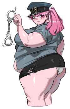 1girl belly big_belly black_skirt blue_hat blue_shirt blush breasts butt_crack cuffs fat fat_woman from_side handcuffs hat holding holding_handcuffs large_breasts lips midriff_peek miniskirt original panties panty_peek pink_hair police police_hat police_uniform policewoman ponytail red_eyes shirt skirt smile solo standing thick_arms thick_thighs thighs tight_clothes torn_clothes torn_skirt underwear utoka white_panties