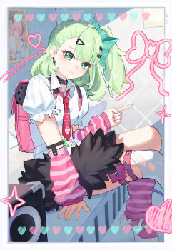 Rule 34 | 1girl, absurdres, backpack, bag, bow, chinese commentary, choker, closed mouth, collared shirt, commentary request, detached sleeves, earrings, green eyes, green hair, hair bow, hair ornament, hairclip, heart, heart hair ornament, highres, jewelry, looking at viewer, medium hair, necktie, one side up, puffy sleeves, red necktie, shirt, short sleeves, side ponytail, single thighhigh, sitting, skirt, smile, solo, sunna (zenless zone zero), thigh strap, thighhighs, torn clothes, virtual youtuber, w-baiye, white shirt, white thighhighs, zenless zone zero