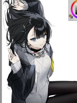 Rule 34 | 1girl, arknights, arknights: endfield, art program in frame, black coat, black pantyhose, breasts, closed mouth, coat, endministrator (arknights), female endministrator (arknights), hair ornament, hair spread out, lactoflavinn, long sleeves, looking at viewer, medium breasts, medium hair, open clothes, open coat, pantyhose, simple background, smile, solo, split mouth, sweater, white background, white sweater