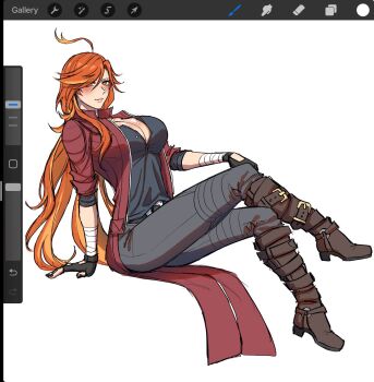 1girl ahoge artist_request breasts cleavage coat cosplay crossdressing crossdressing_(ftm) dante_(devil_may_cry) dante_(devil_may_cry)_(cosplay) devil_may_cry_(series) devil_may_cry_5 fingerless_gloves genshin_impact gloves highres large_breasts long_hair looking_at_viewer mavuika_(genshin_impact) orange_eyes procreate_(software) red_coat screencap simple_background smile solo tagme white_background