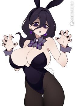1girl @_@ absurdres alternate_breast_size_(larger) animal_ears bags_under_eyes bare_shoulders black_hair black_leotard black_nails breasts cleavage covered_navel detached_collar earrings fake_animal_ears fingernails ghost_pose hair_between_eyes hex_maniac_(pokemon) hex_maniac_(pokemon_legends:_z-a) highleg highleg_leotard highres jewelry large_breasts leotard long_hair long_sleeves looking_at_viewer nail_polish neck_ribbon nintendo pantyhose pearl_earrings playboy_bunny pokemon pokemon_legends:_z-a purple_eyes purple_ribbon rabbit_ears ribbon scrimblocrimbo simple_background solo sphere_earrings strapless strapless_leotard white_wrist_cuffs wrist_cuffs