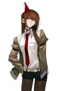 1girl arm_belt belt belt_buckle black_pantyhose black_shorts blue_eyes blush bright_pupils brown_hair brown_jacket buckle closed_mouth collared_shirt crossed_bangs flustered hair_between_eyes half-closed_eyes hand_on_own_hip hashtag-only_commentary hat highres jacket jusca_c long_hair looking_at_viewer makise_kurisu necktie off_shoulder pantyhose pantyhose_under_shorts party_hat red_hat red_necktie ringed_eyes science_adventure shirt shorts simple_background solo steins;gate white_background white_belt white_pupils white_shirt