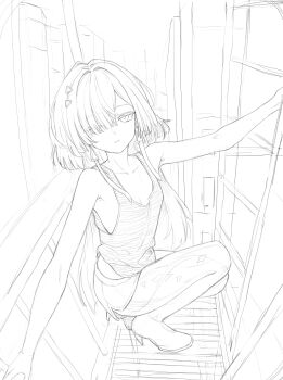 1girl alternate_costume bare_shoulders breasts closed_mouth collarbone commentary ddcc0123 earrings from_side greyscale hair_ornament hair_over_one_eye highres jewelry looking_at_viewer looking_to_the_side monochrome mornye_(wuthering_waves) see-through_body shorts sketch small_breasts solo squatting tank_top triangle_earrings wuthering_waves