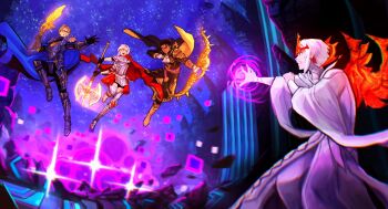 1girl 1other 2boys armor armored_boots arval_(fire_emblem) axe black_cape black_gloves blonde_hair blue_boots blue_cape boots bow breastplate brown_hair cape claude_von_riegan dark-skinned_male dark_skin dimitri_alexandre_blaiddyd edelgard_von_hresvelg fire_emblem fire_emblem:_three_houses fire_emblem_warriors:_three_hopes gloves highres holding holding_axe holding_bow_(ornament) looking_at_another magic multiple_boys nintendo red_cape sethkiel sky star_(sky) starry_sky teamwork two-tone_cape white_armor white_gloves white_hair yellow_boots yellow_cape