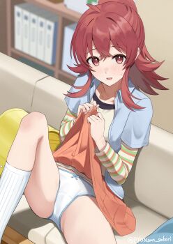 1girl blush bow bow_panties clothes_lift commentary_request couch crotch_seam feet_out_of_frame flashing grey_jacket hair_flaps highres idolmaster idolmaster_shiny_colors indoors jacket komiya_kaho lifting_own_clothes long_hair looking_at_viewer on_couch panties petite pyonsan red_eyes red_hair ribbed_socks sitting skirt skirt_lift smile socks solo spread_legs sweatdrop underwear white_panties white_socks