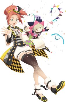 1girl artist_request breasts confetti eleanor_hume full_body game_cg green_eyes hat highres magilou_(tales) official_art open_hands open_mouth pink_hair solo surprised tales_of_(series) tales_of_asteria tales_of_berseria third-party_source transparent_background