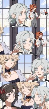 4girls ^_^ absurdres alcohol apple apple_(reverse:1999) argyle_bow argyle_bowtie argyle_clothes argyle_hairband asymmetrical_hair bare_shoulders bell black_bow black_bowtie black_choker black_dress black_hairband black_shawl black_vest blonde_hair blue_sky bow bowtie bright_pupils brown_hair capelet choker closed_eyes closed_mouth clothing_cutout collarbone collared_capelet collared_shirt cowboy_shot cup day dress drinking_glass druvis_iii eyelashes feather_hair_ornament feathers food frilled_dress frills fruit giving gloves green_eyes grey_dress grey_eyes grey_hair grey_jacket hair_bun hair_ornament hairband half_gloves hand_on_another's_shoulder hand_on_own_shoulder happy high_collar highres indoors jacket long_dress long_hair molu_stranger multiple_girls neck_bell necktie no_headwear open_clothes open_jacket open_mouth orange_hair palms parted_lips red_eyes reverse:1999 schneider_(reverse:1999) sequential shawl shirt short_hair short_hair_with_long_locks shoulder_cutout single_hair_bun single_sidelock sky smile sonetto_(reverse:1999) standing teeth tray tree two-tone_bow two-tone_bowtie two-tone_hairband two_side_up upper_body upper_teeth_only vertin_(reverse:1999) vest white_bow white_bowtie white_capelet white_gloves white_hairband white_necktie white_pupils white_shirt window wine wine_glass