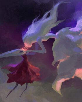 2girls absorbing absurdres arthropod_girl black_eyes black_skin cloak colored_skin full_body ghost hand_on_another&#039;s_face highres hollow_eyes hollow_knight hollow_knight:_silksong horned_mask hornet_(hollow_knight) long_hair lucy_(somewhat_irked) mask multiple_girls red_cloak white_mask wraith_(hollow_knight)