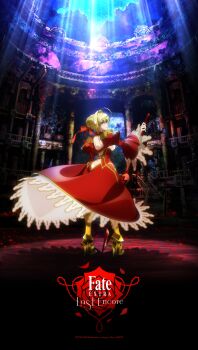 1girl aestus_estus ahoge ass ass_cutout ass_focus backless_dress backless_outfit blonde_hair bow braid breasts butt_crack clothing_cutout dress english_text engrish_text epaulettes fate/extella fate/extella_link fate/extra fate/extra_ccc fate/extra_last_encore fate_(series) female_focus full_body gold_shoes green_eyes hair_bow hair_ribbon highres holding holding_sword holding_weapon large_breasts long_hair long_skirt long_sleeves looking_at_viewer looking_back nero_claudius_(fate) nero_claudius_(fate/extra) open_mouth panties puffy_long_sleeves puffy_sleeves ranguage red_bow red_ribbon red_skirt red_sword ribbon scan see-through_clothes see-through_skirt see-through_sleeves sexually_suggestive shoes skirt solo solo_focus sword takiyama_masaaki type-moon underwear weapon white_panties