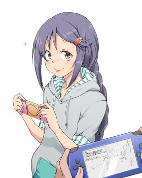 1girl 1other blush braid braided_ponytail brown_eyes commentary_request hair_ornament hairclip handheld_game_console heart hood hoodie idolmaster idolmaster_cinderella_girls long_hair miyoshi_sana playstation_portable purple_hair short_sleeves single_braid sleeves_rolled_up star_(symbol) tongue translation_request two-sided_hoodie white_background yozo_(stanky)