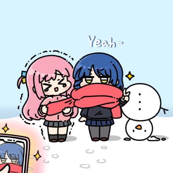 >_< 2girls blue_hair bocchi_the_rock! chibi chibi_only cold commentary_request gotoh_hitori grey_pantyhose jacket long_hair multiple_girls open_mouth pantyhose pink_hair pink_jacket pleated_skirt red_scarf scarf skirt snowman sparkle taking_picture trembling v yakotako yamada_ryo