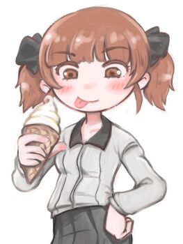 Rule 34 | 1girl, artist request, black hat, black jacket, black skirt, blue eyes, brown hair, garrison cap, girls und panzer, girls und panzer phase erika, grey shirt, hair tie, hat, highres, holding, holding ice cream cone, ice cream cone, jacket, kuromorimine military uniform, kuromorimine school uniform, long hair, miniskirt, orange hair, red skirt, rou leila, school uniform, shirt, skirt, twintails